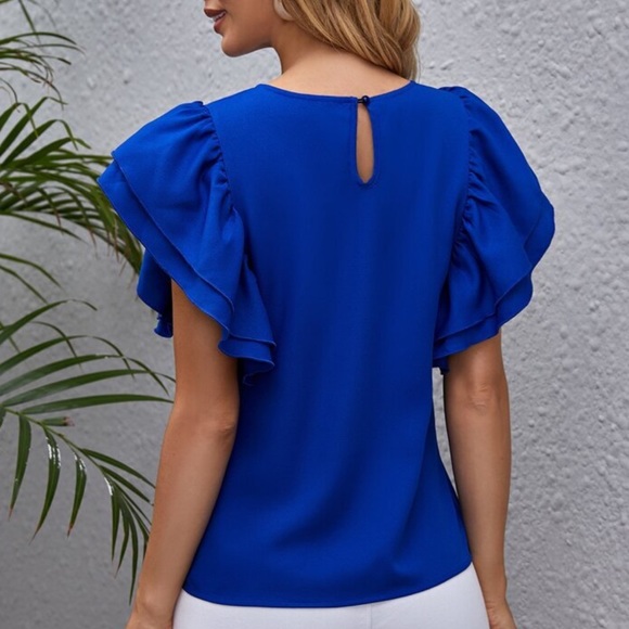 Classic Flutter Butterfly Sleeve Top Blouse Shirt Blue - Picture 11 of 16